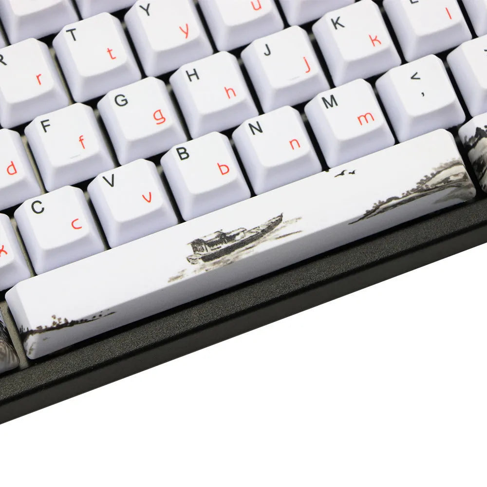 PBT keycap set with Wangjiang plum blossom design, showing Japanese, Korean, and US English legend options
