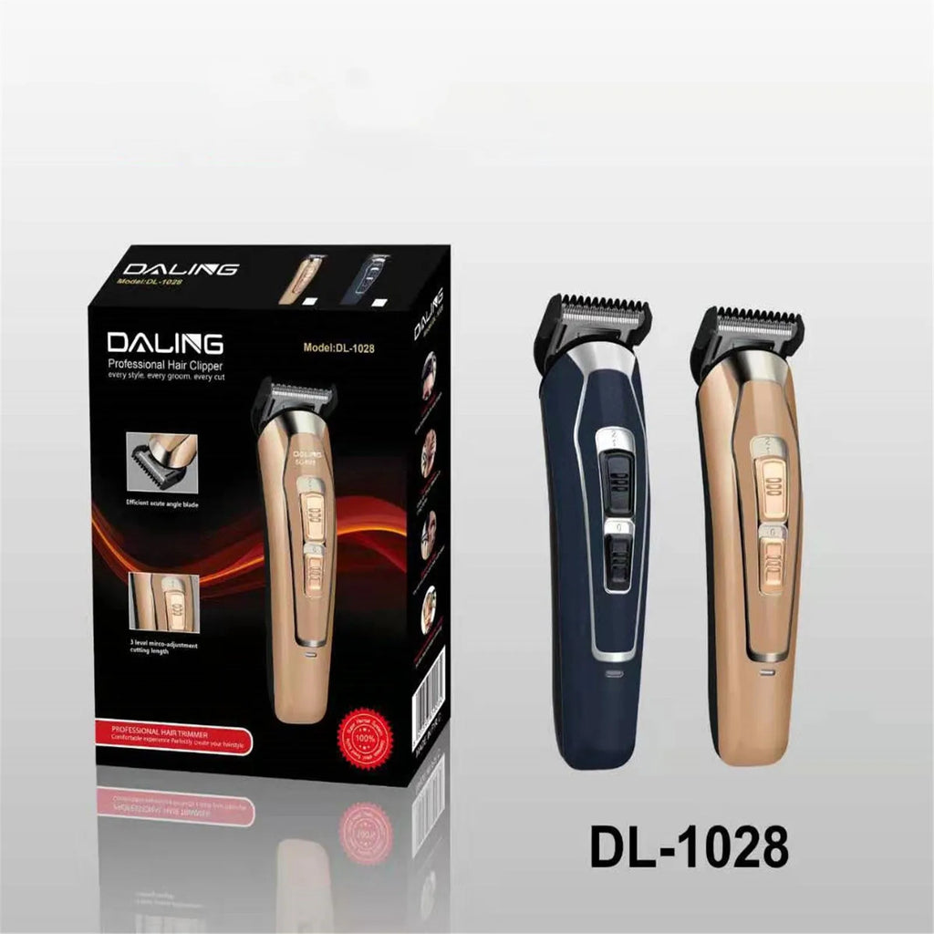 Dark blue rechargeable electric hair clipper with stainless steel blades and three plastic guide combs