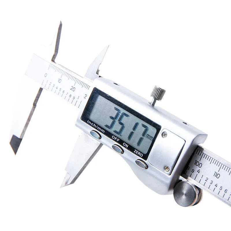 Deli stainless steel digital vernier caliper with LCD screen showing measurement.
