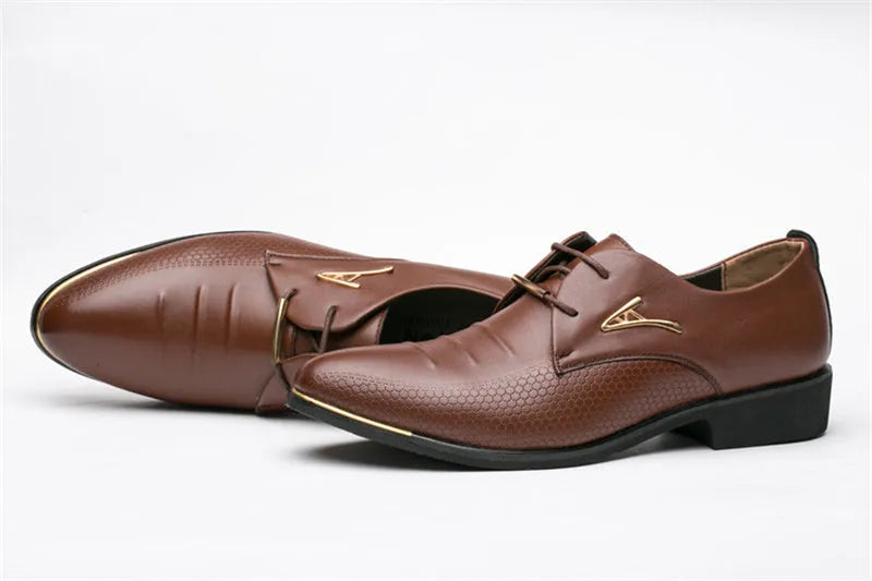 Men's black patent leather pointed toe dress shoes with elastic band closure and PU upper