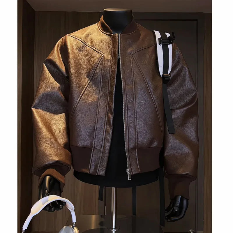 Men's black PU leather jacket with litchi grain texture, shown in a tight-fitting, extended length design.