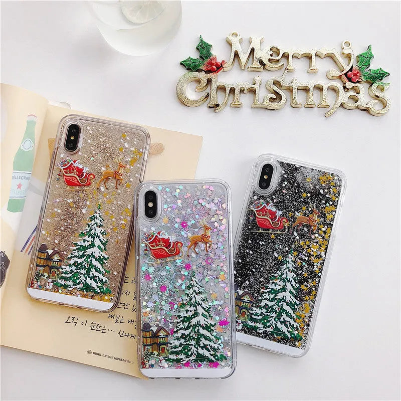Christmas quicksand design phone case with Santa Claus pattern for iPhone and Samsung devices