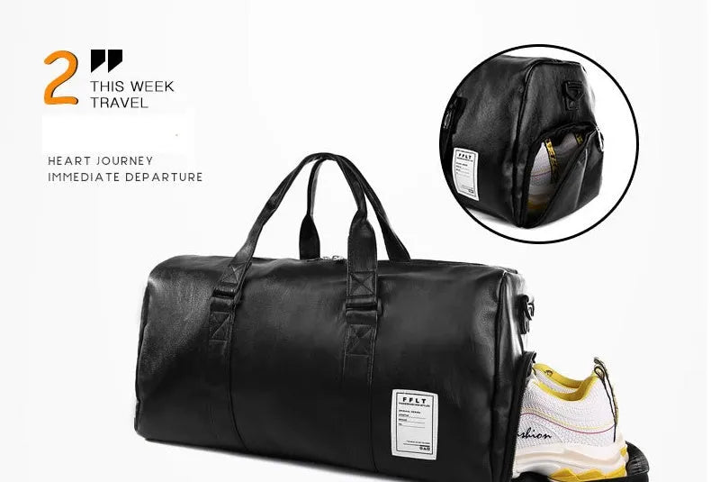 Black waterproof sports fitness bag with separate shoe compartment and diagonal strap.