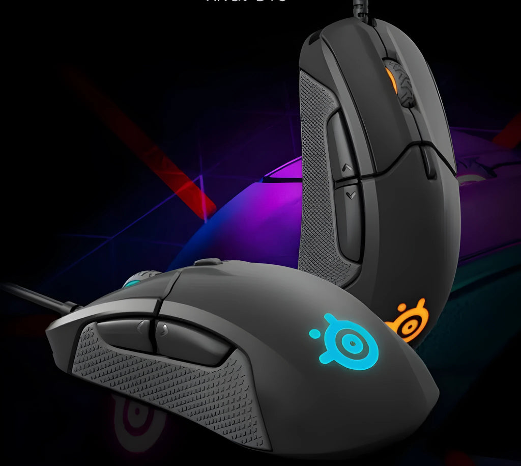 Black wired mechanical gaming mouse with 12000 DPI sensor and six programmable buttons on a desk