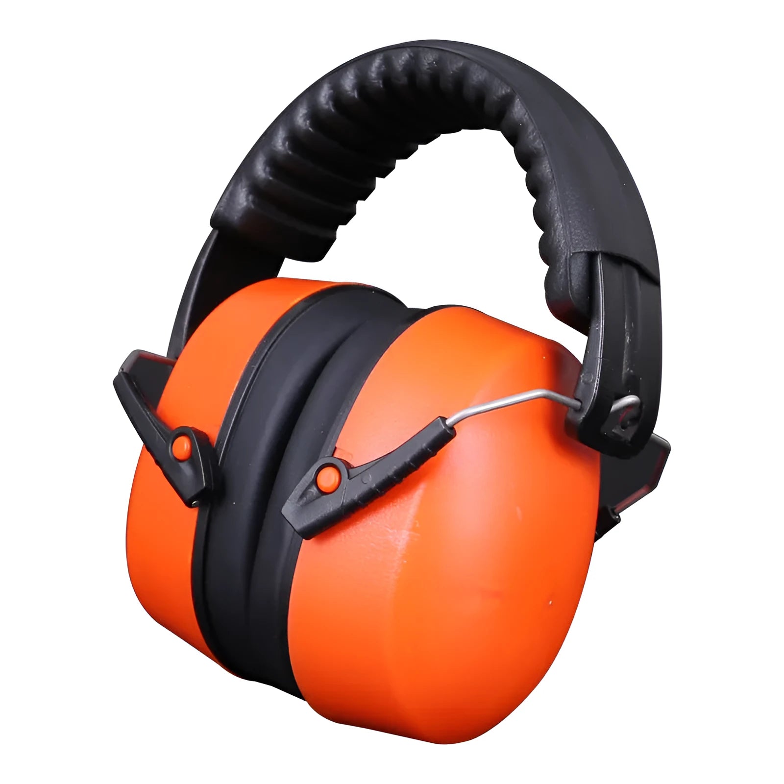 Orange coloured noise reducing headphones and protective earmuffs with an adjustable headband.