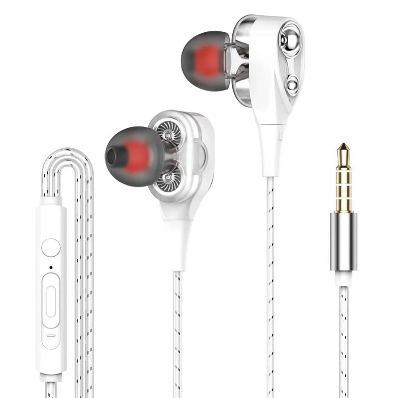Wired in-ear headphones with dual subwoofers, 3.5mm plug, microphone, silicone tips, 1.2m cable