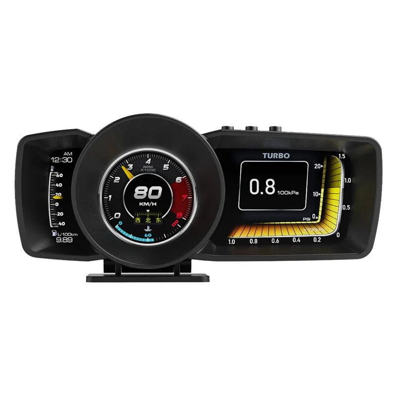 OBDII vehicle monitor driving computer with screen showing diagnostics and GPS map, includes cable and tools.