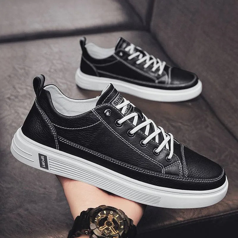 Men's casual white PU shoes with flat sole and round toe in beige, white, black colours