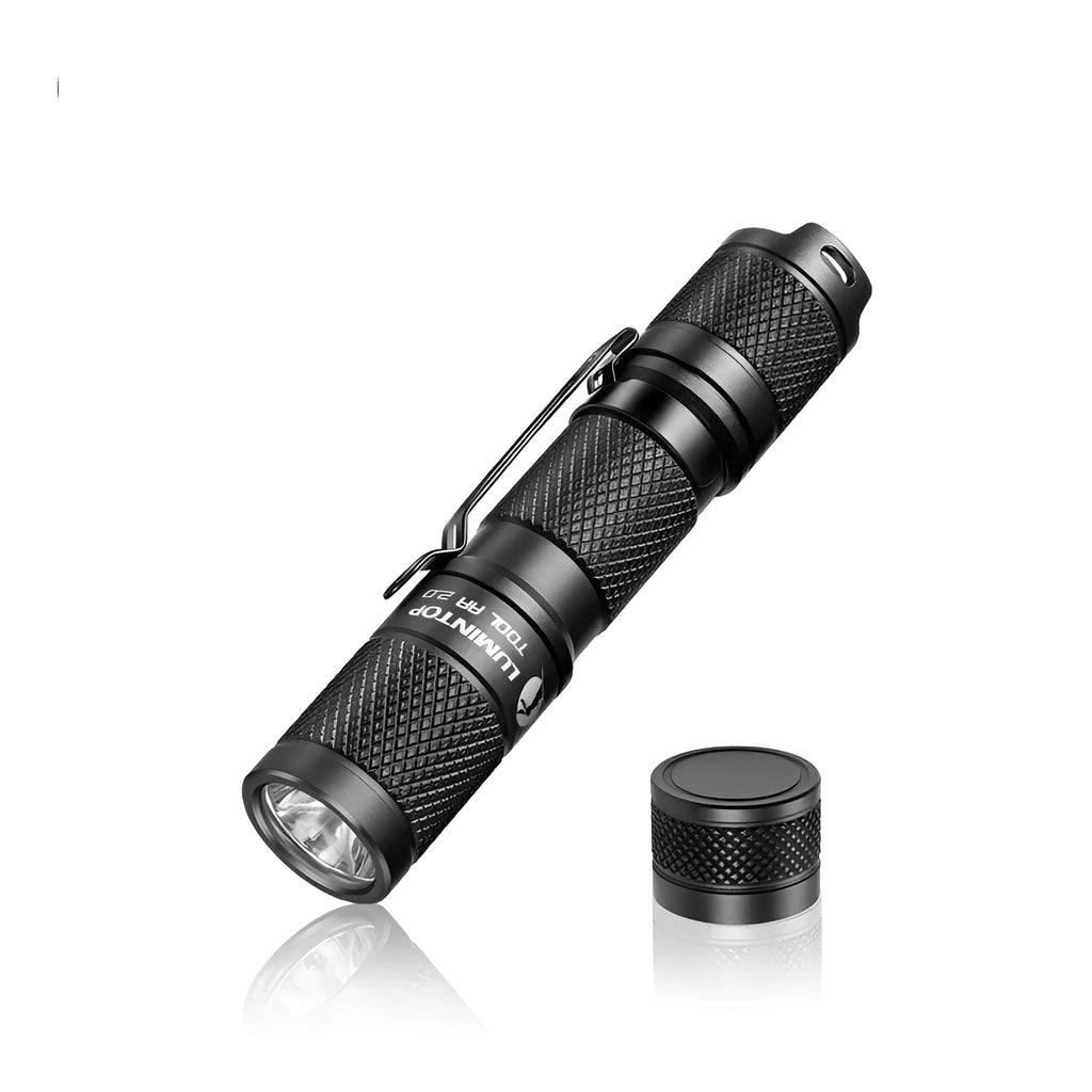 Black Lumintop Tool AA 2.0 compact aluminium flashlight with keychain and magnetic tail cap.