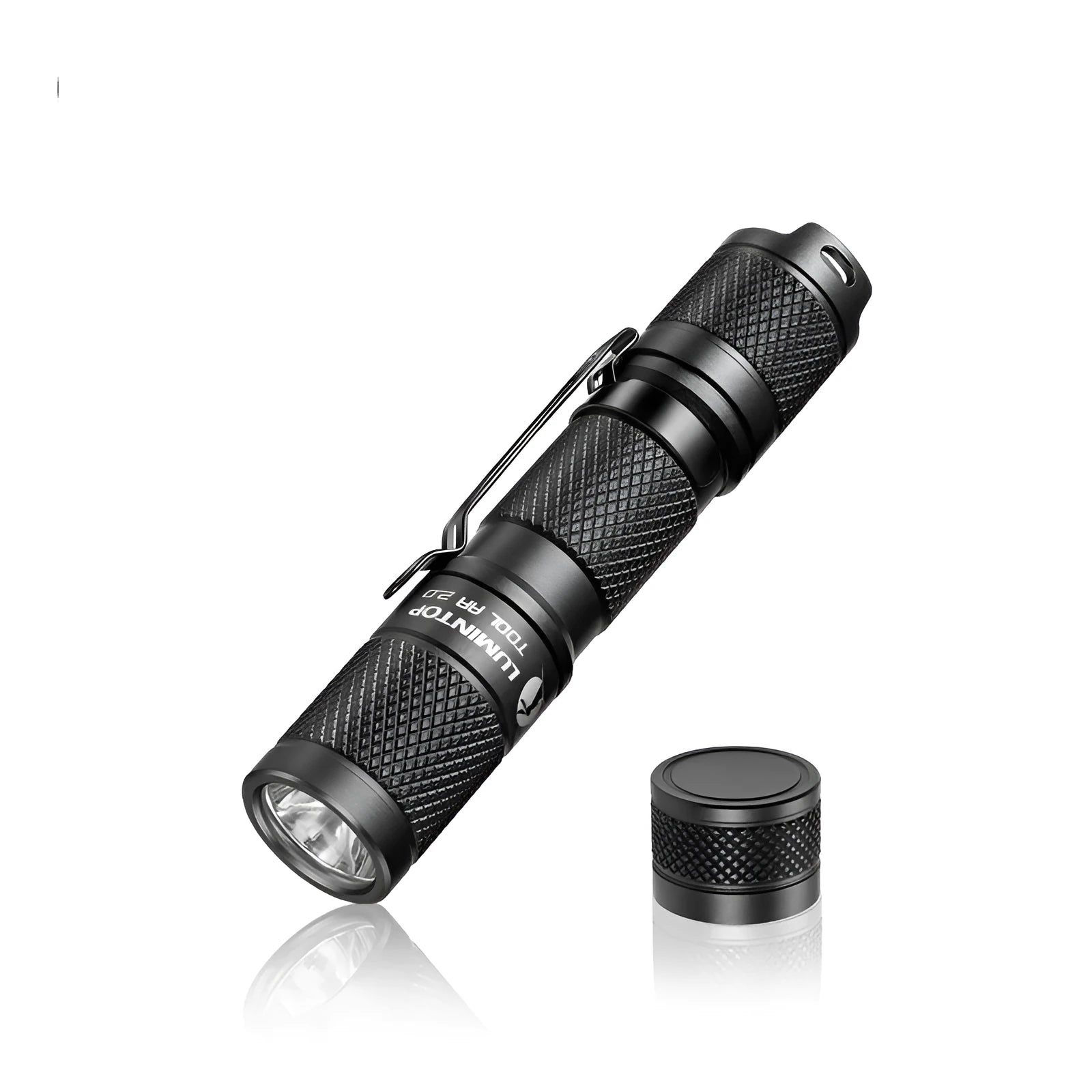 Black Lumintop Tool AA 2.0 compact aluminium flashlight with keychain and magnetic tail cap.