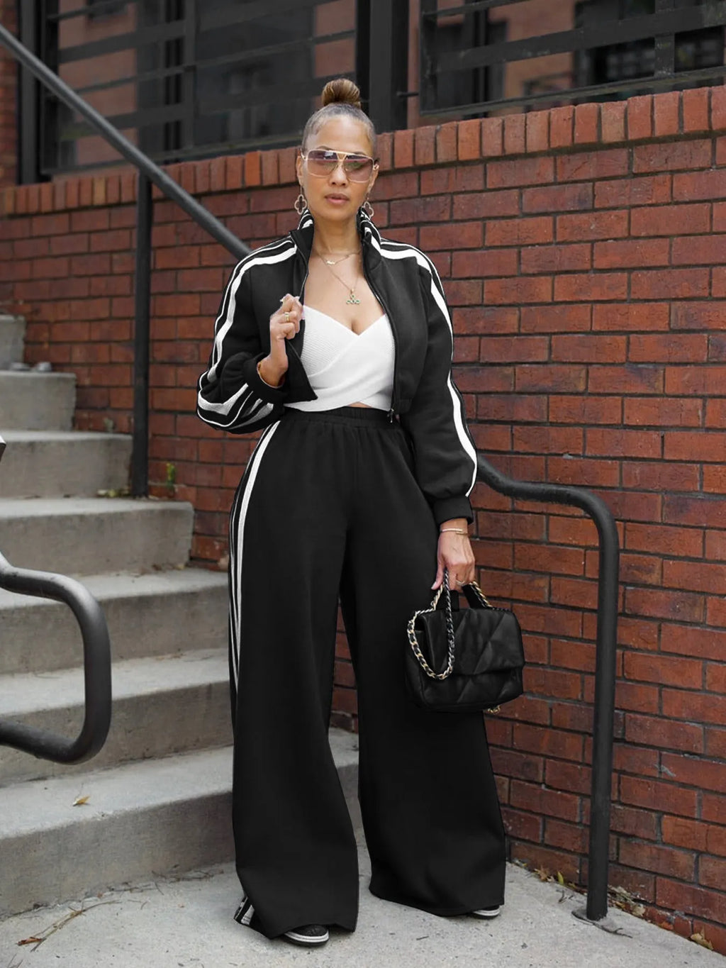 Striped zipper sweater and trousers two-piece set in street hipster style