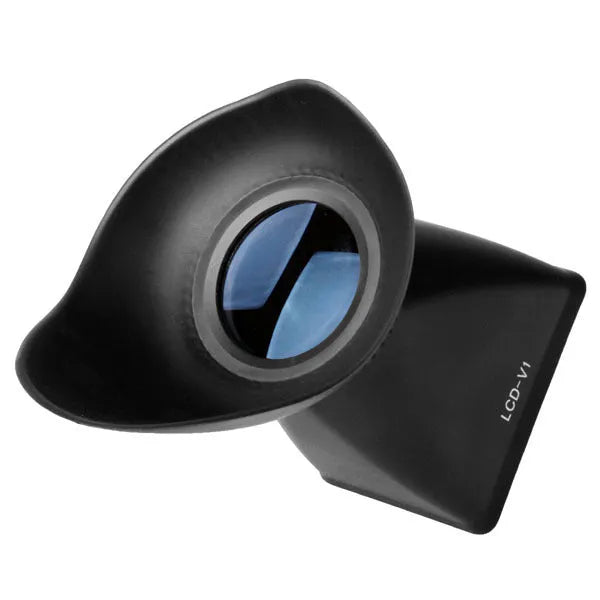 Black camera LCD viewfinder with magnification lens and magnetic mount on a DSLR.