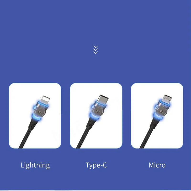 Black universal charger cable with rotating zinc alloy connectors for iPhone and Android phones.