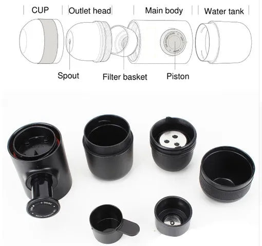 Black portable manual coffee machine showing compact 6x17.5cm design with stainless steel components