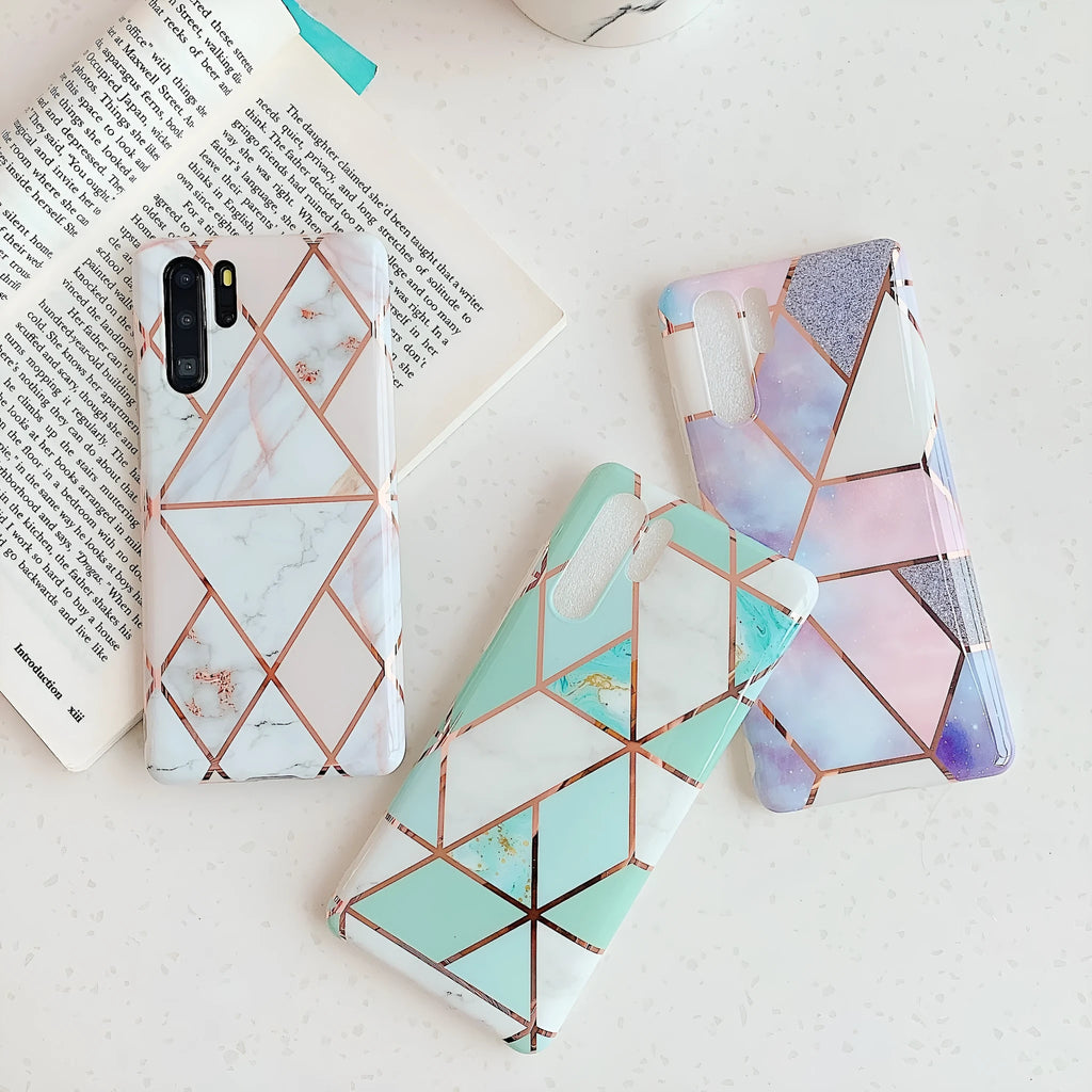 Electroplated marble design TPU mobile phone case for Huawei and Samsung phones in multiple colours.