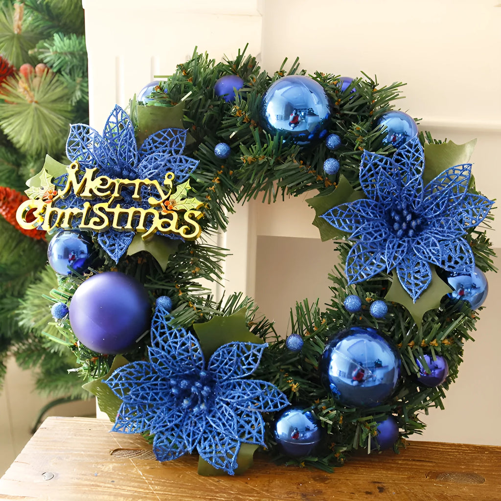 A round 30cm multicolour plastic Christmas wreath with festive leaves, shown in a choice of six colours.