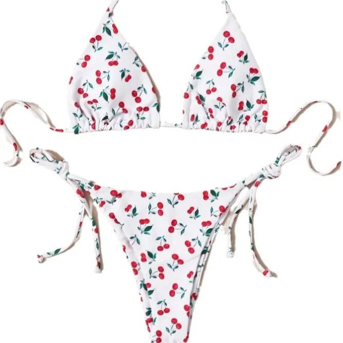 Solid colour halter neck bikini top with backless briefs in nylon.
