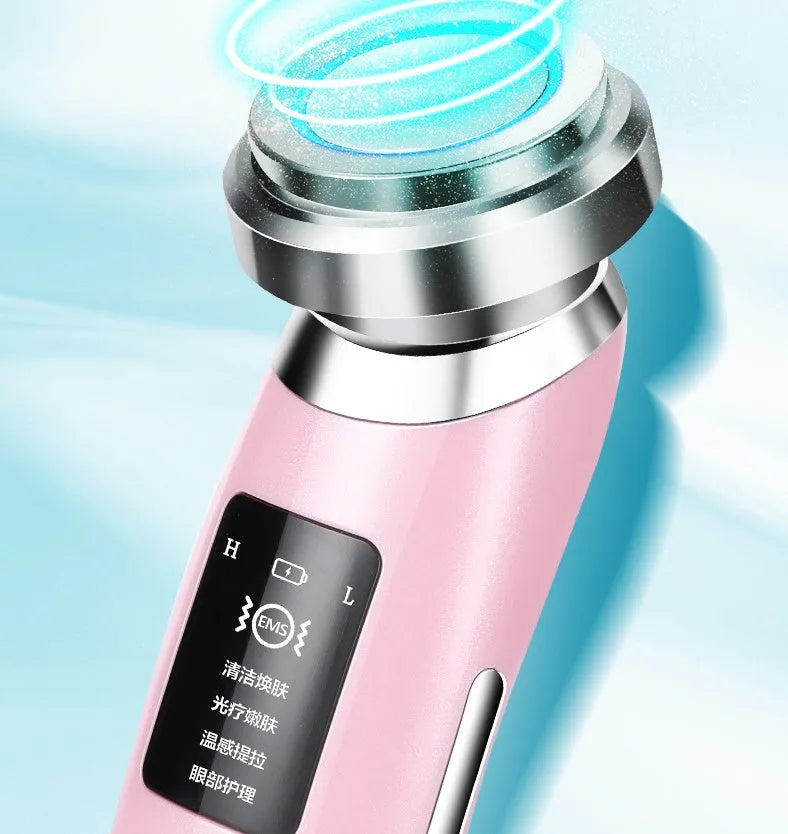 Pink cleansing and rejuvenating beauty instrument showing 185mm length and compact design