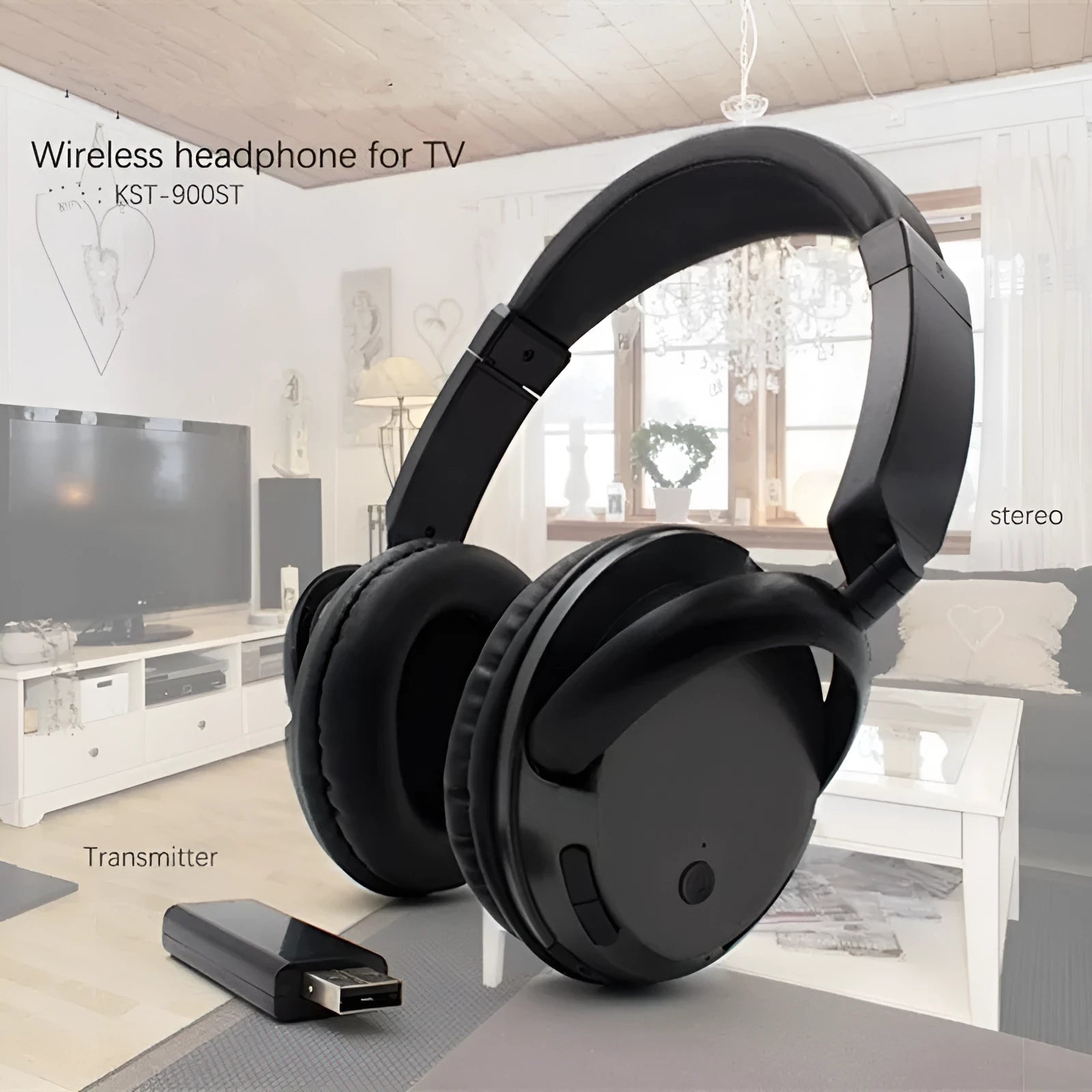 Black stereo wireless headphones with USB FM transmitter showing 30-metre range capability
