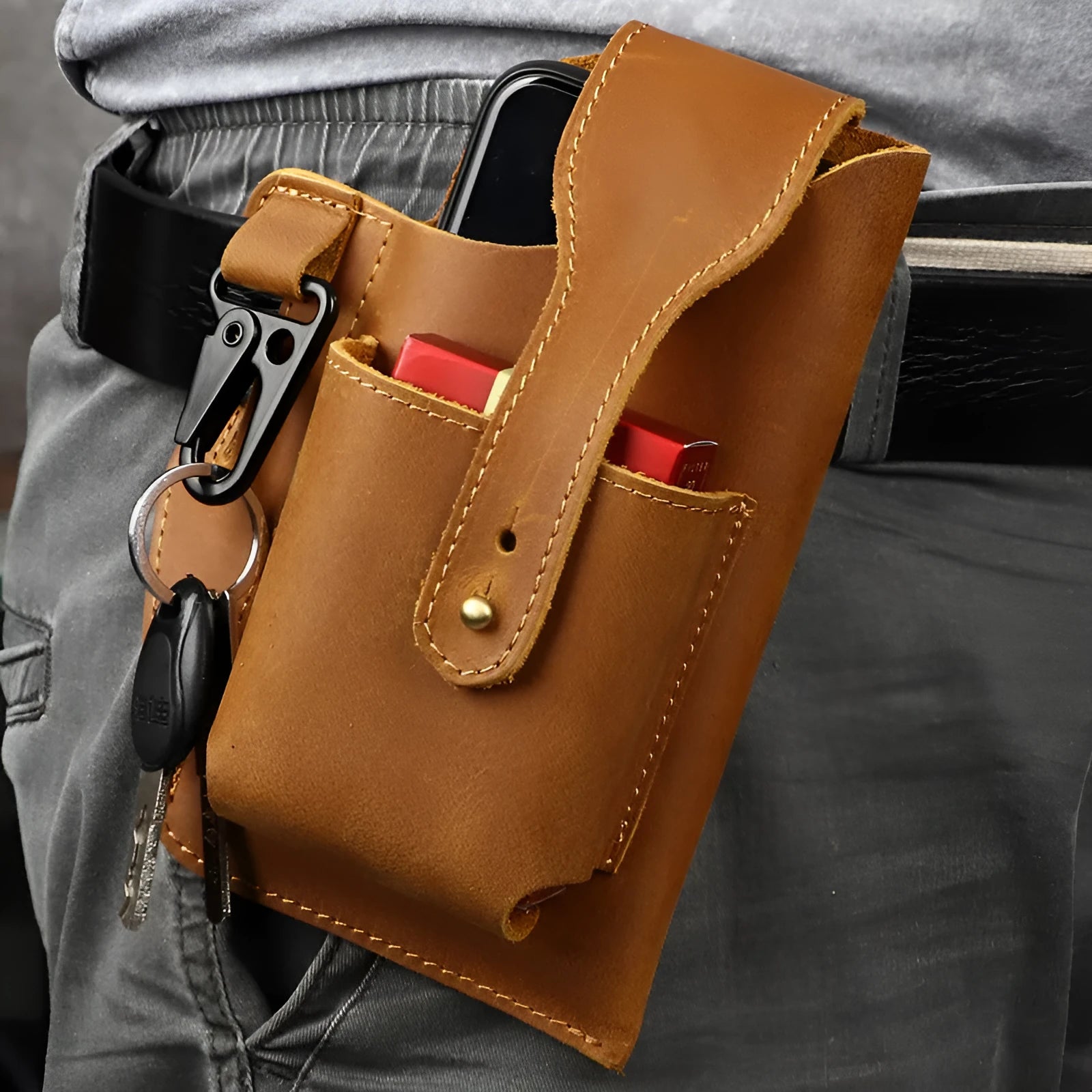 Men's retro leather belt phone bag with car suture detailing in black, brown, dark coffee or yellow wheat