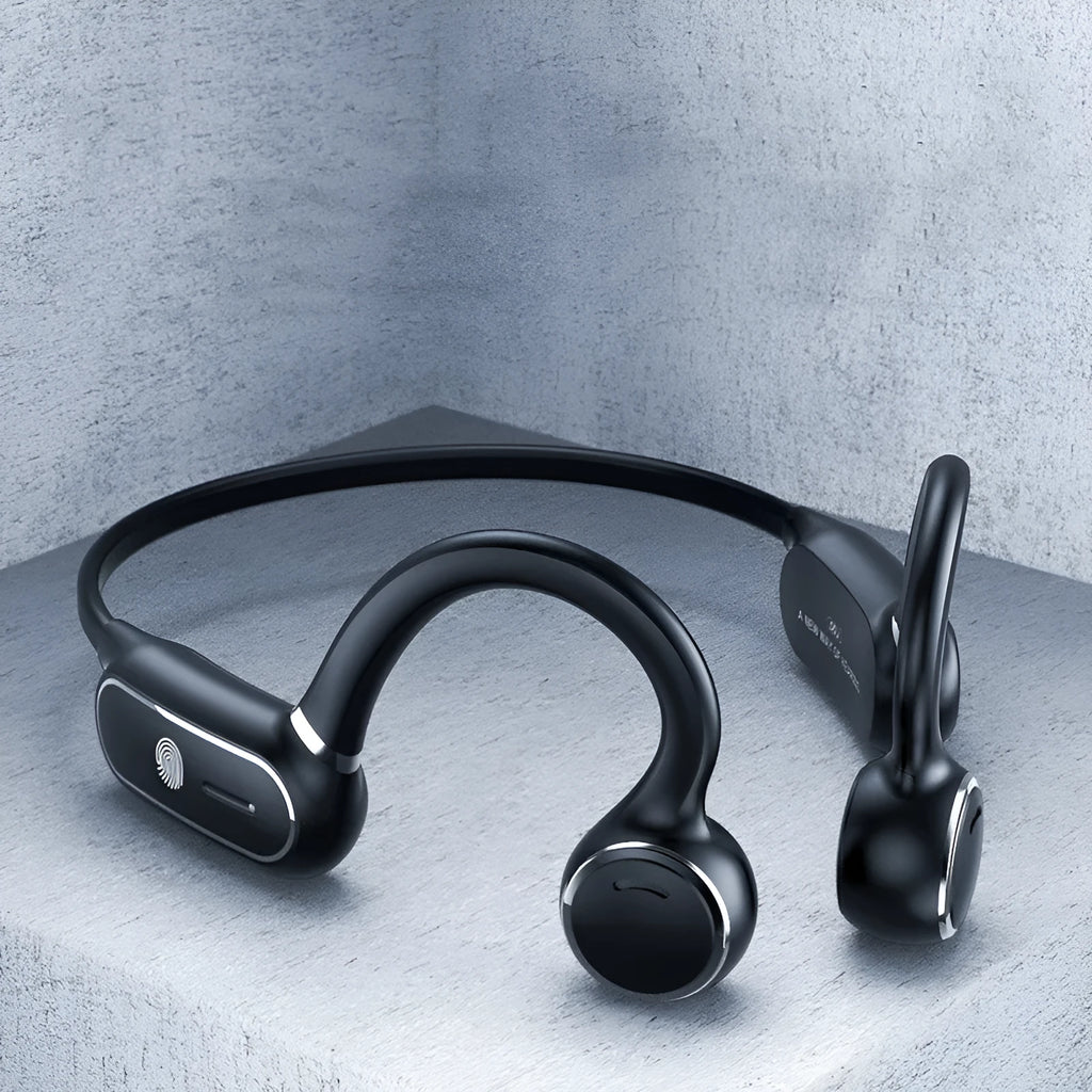 Black air conduction Bluetooth wireless earphone with a flexible titanium alloy frame and touch controls.