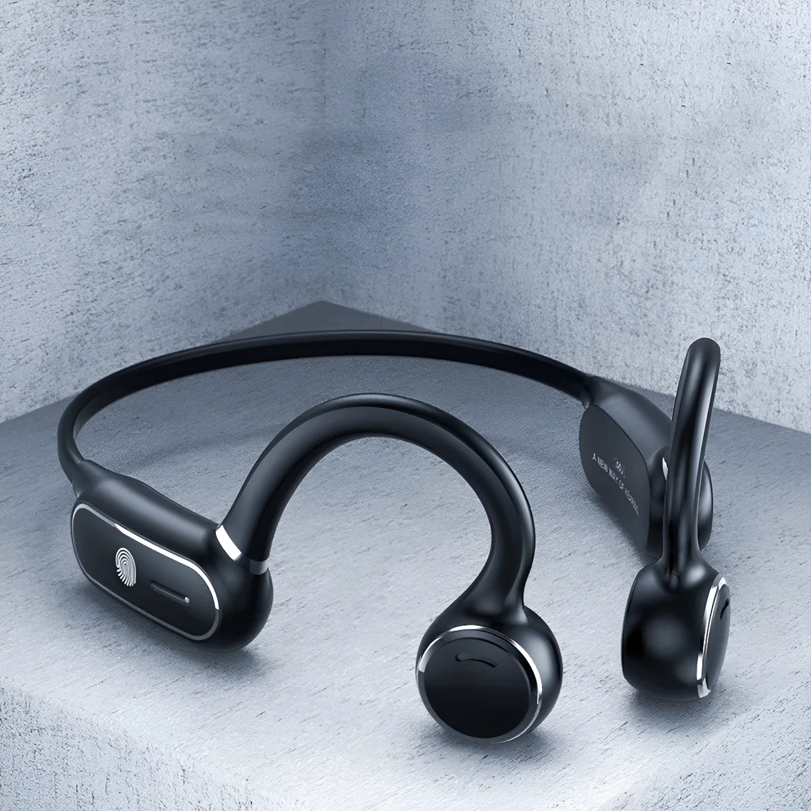 Black air conduction Bluetooth wireless earphone with a flexible titanium alloy frame and touch controls.