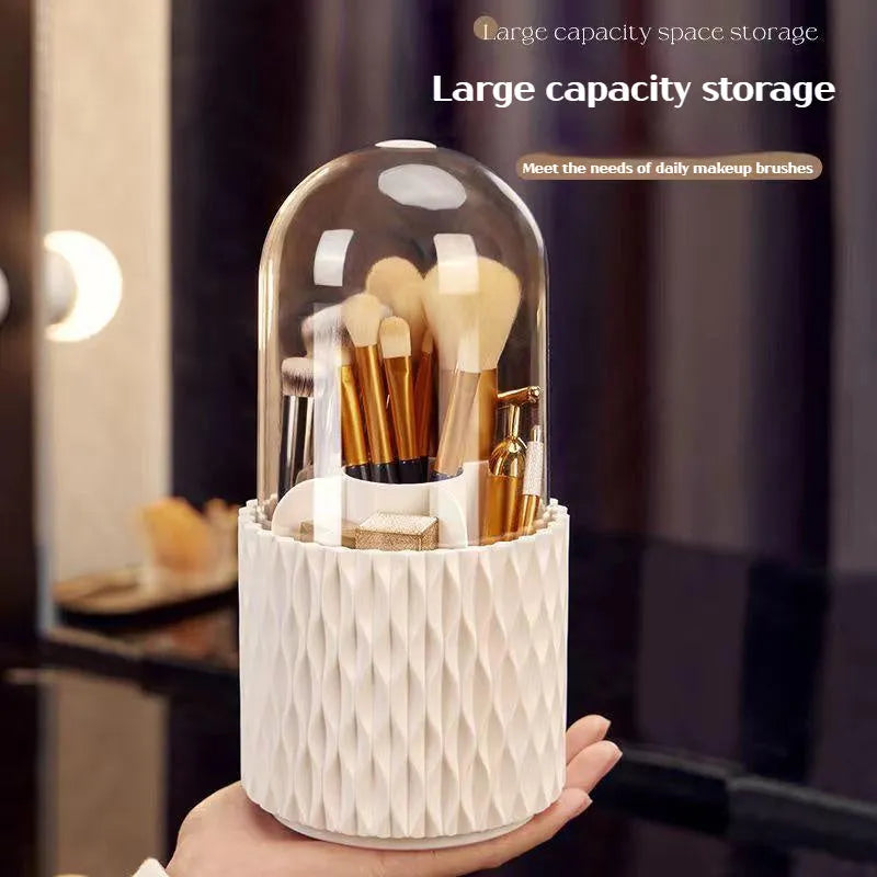 White rotating makeup brush storage holder with transparent lid on desktop