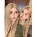 Milk tea blonde straight synthetic wig with hair net on display stand