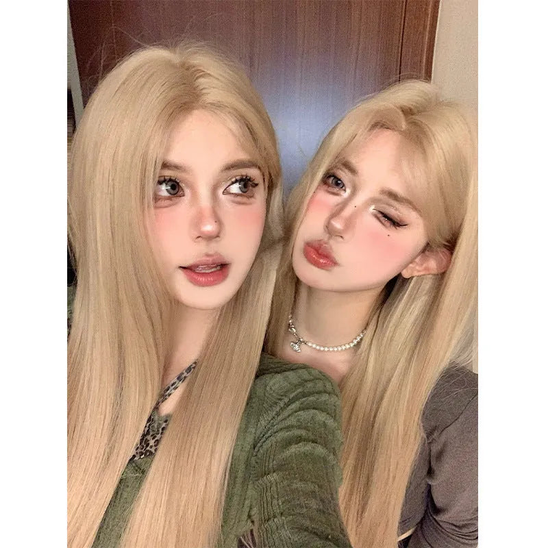 Milk tea blonde straight synthetic wig with hair net on display stand