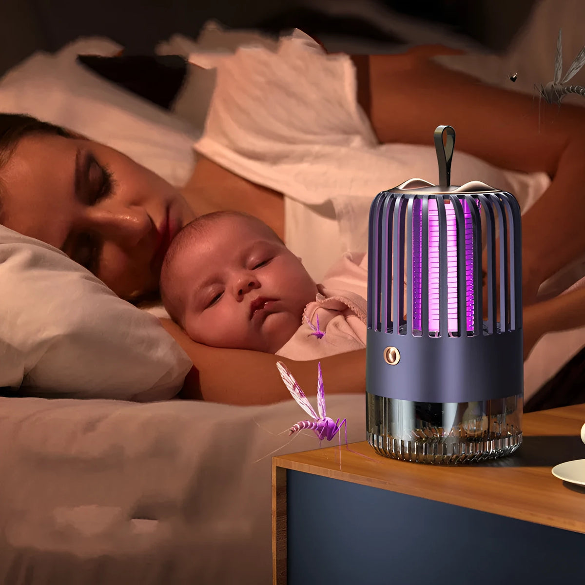 White and blue silent electric shock mosquito killer lamp with USB power and light wave attraction.