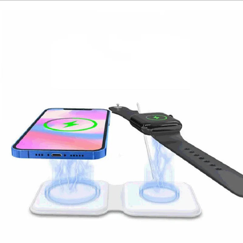 White foldable magnetic wireless charging dock shown open with two phones charging.