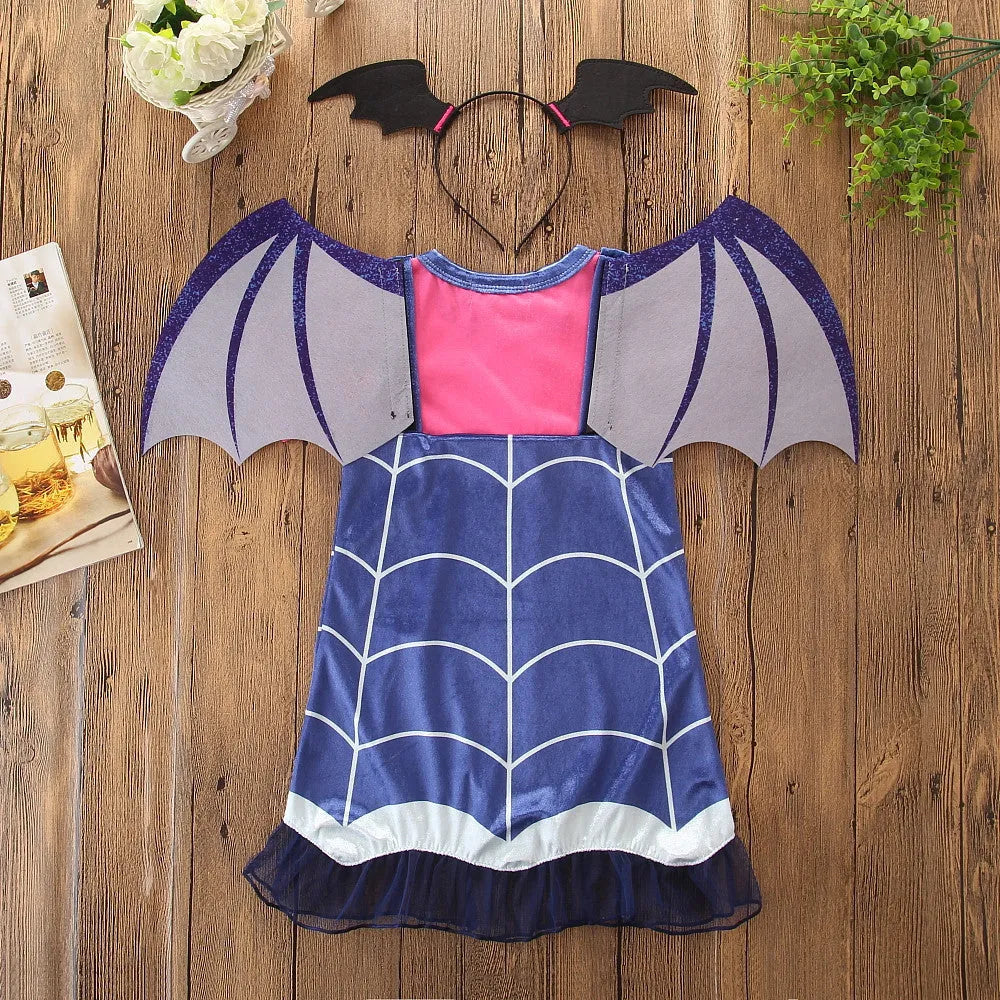 Blue cotton princess Halloween dress for toddlers with short sleeves