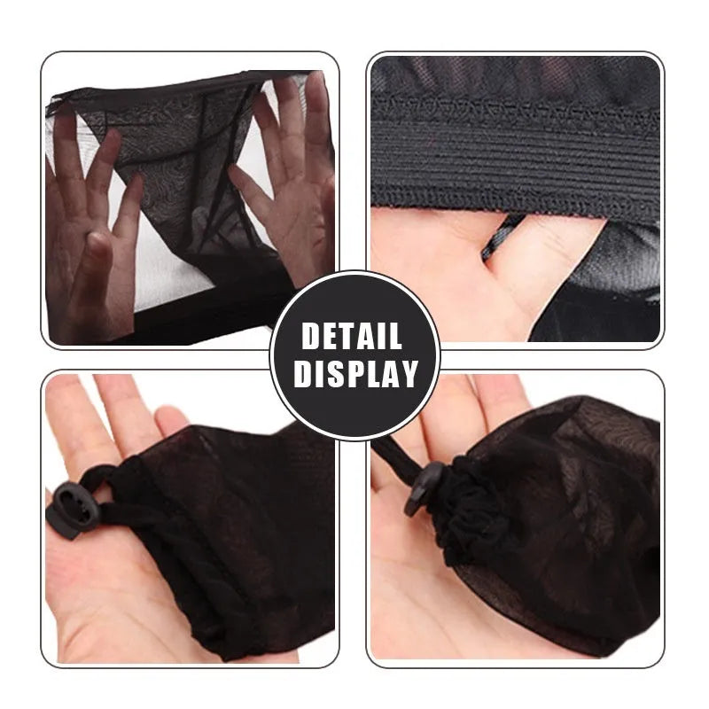 Adjustable mesh wig cap in spandex material showing oversleeve design for custom fit