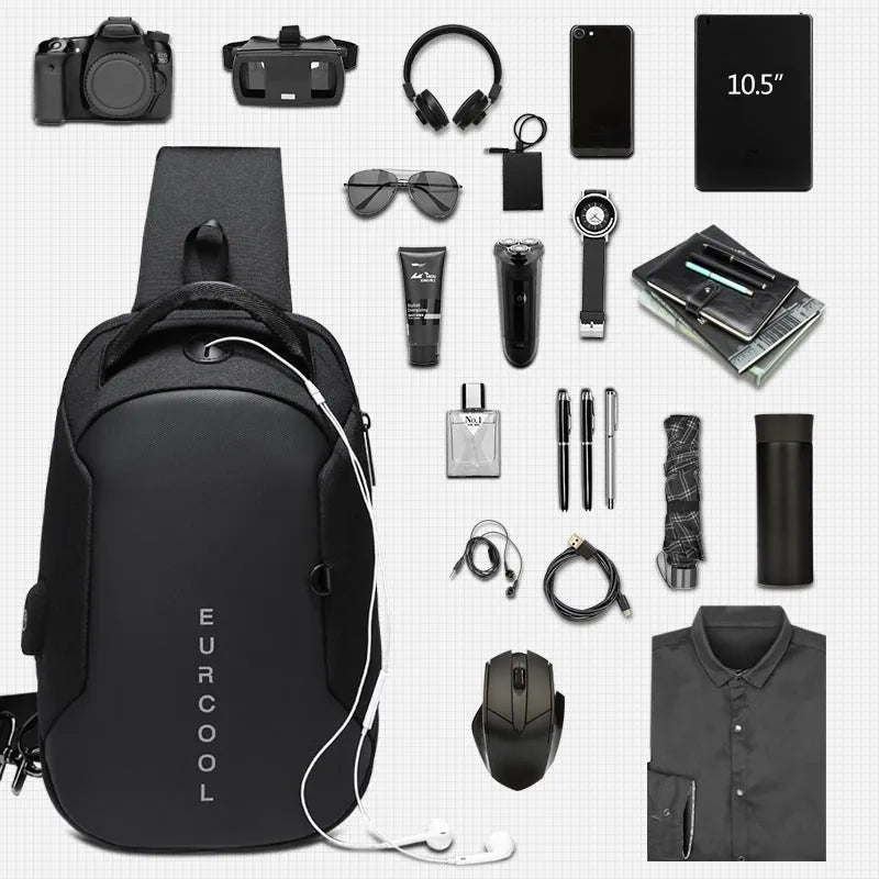 Men's black Oxford crossbody chest bag with USB charging port and multiple zippered compartments