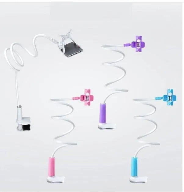Lazy mobile phone bracket with spiral clip base and bendable alloy pipe in blue or pink, 80cm to 138cm