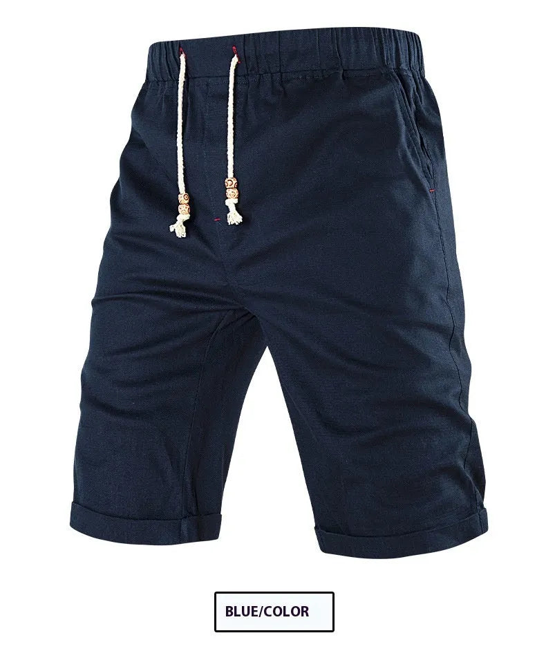 Men's solid-colour cotton-blend casual shorts with a drawstring waist and zipper pocket.
