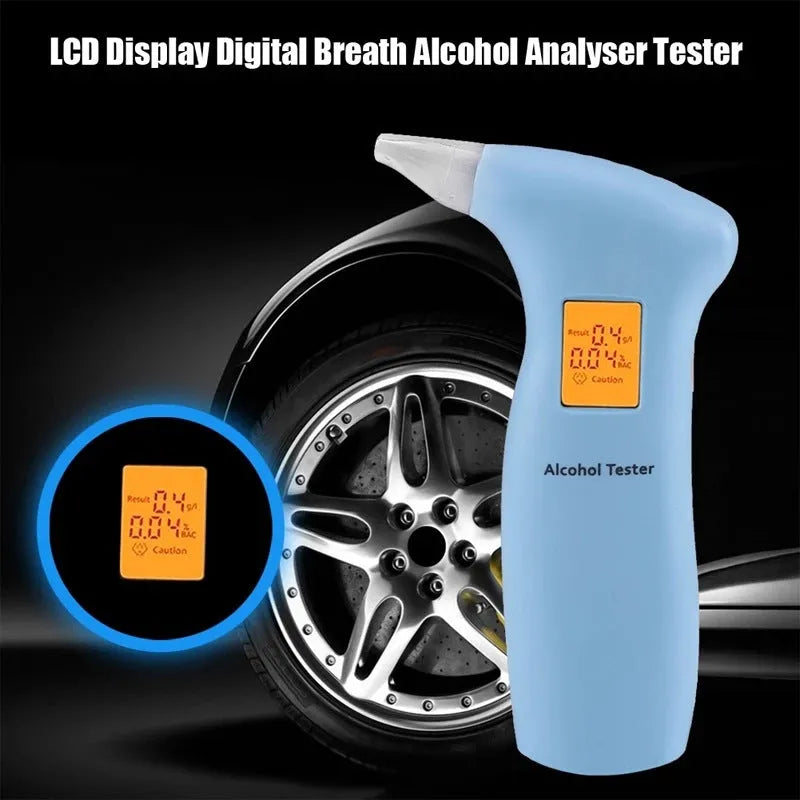 Handheld portable breath alcohol tester with orange light display and disposable mouthpieces.