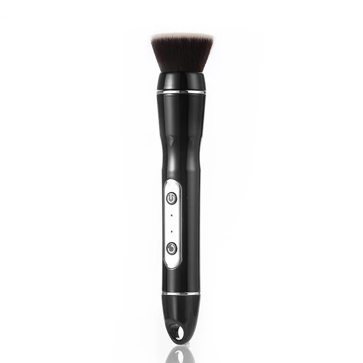 Electric makeup brush with foundation head and blush head, black, on a white background