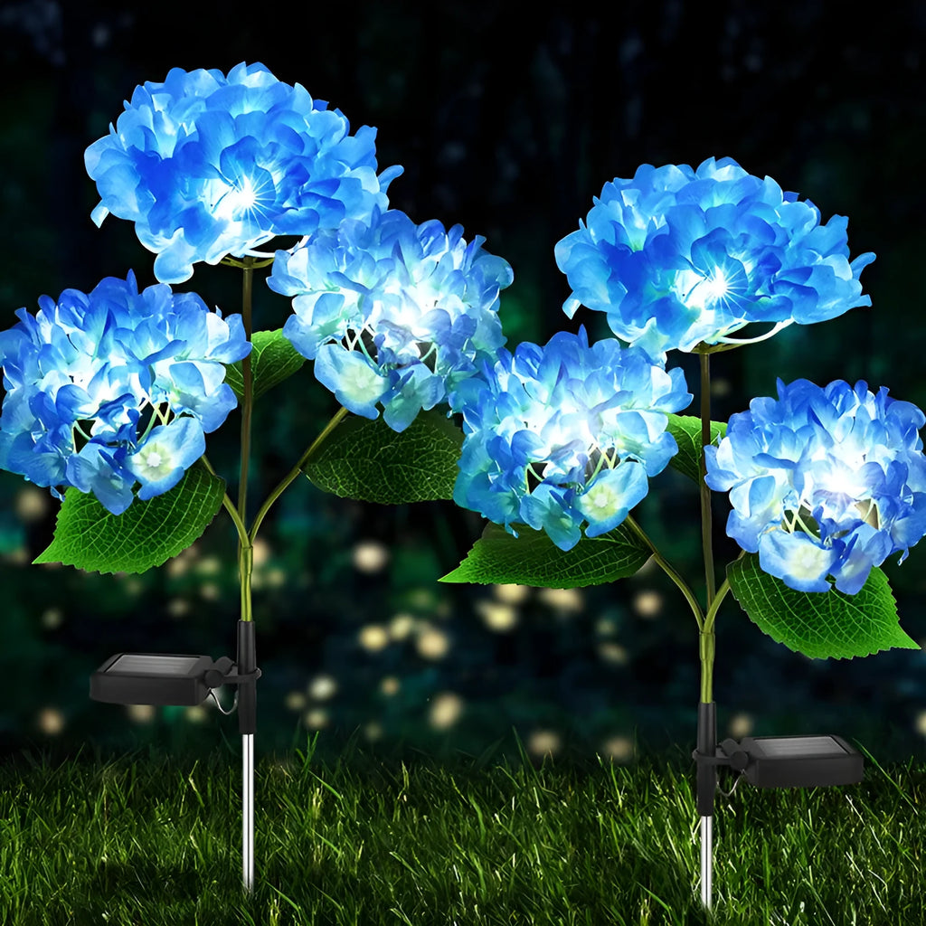 Solar hydrangea garden decorative light in outdoor setting showing flower design