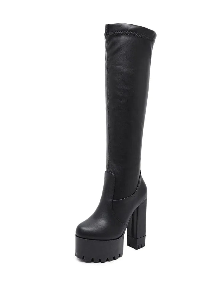 Women's black sheepskin leather above-knee boots with flat heel and side zipper
