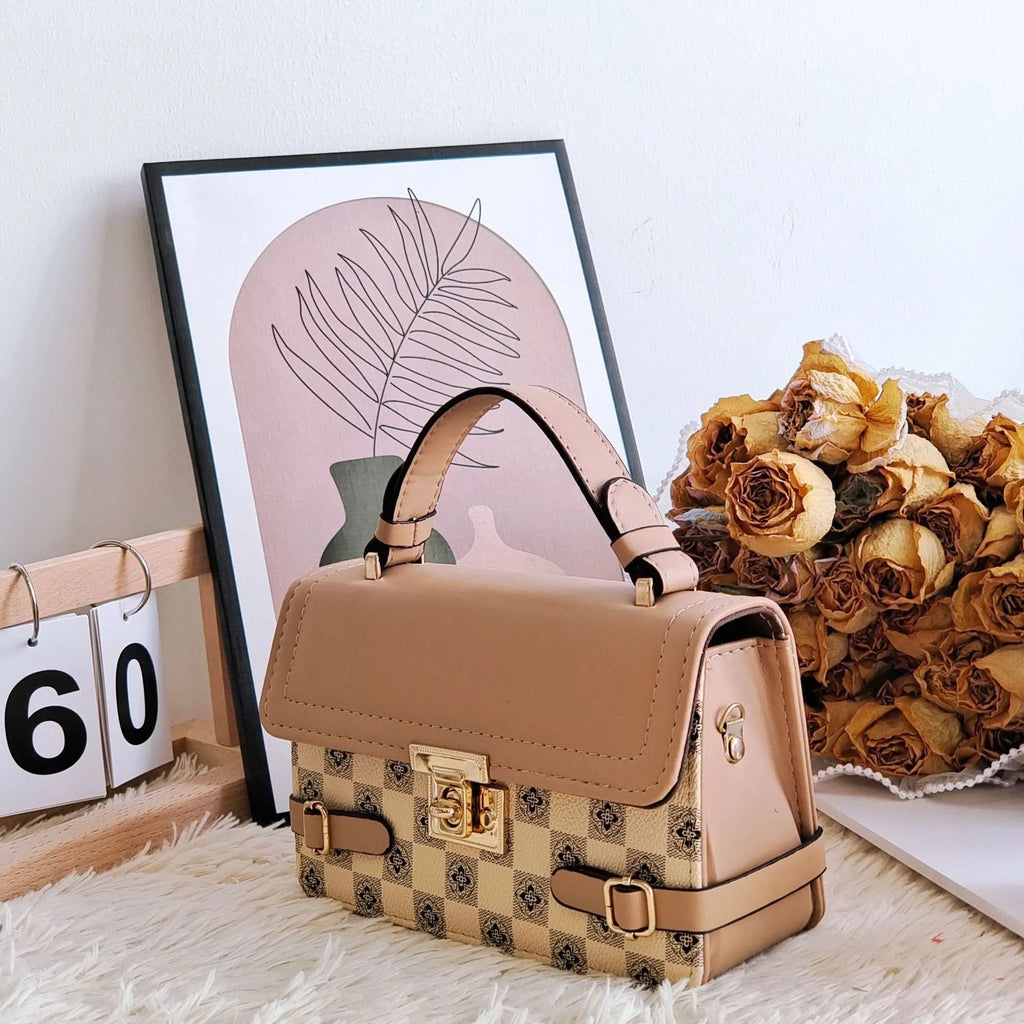 Retro small square pattern ethnic crossbody bag in apricot colour with floral stitching.