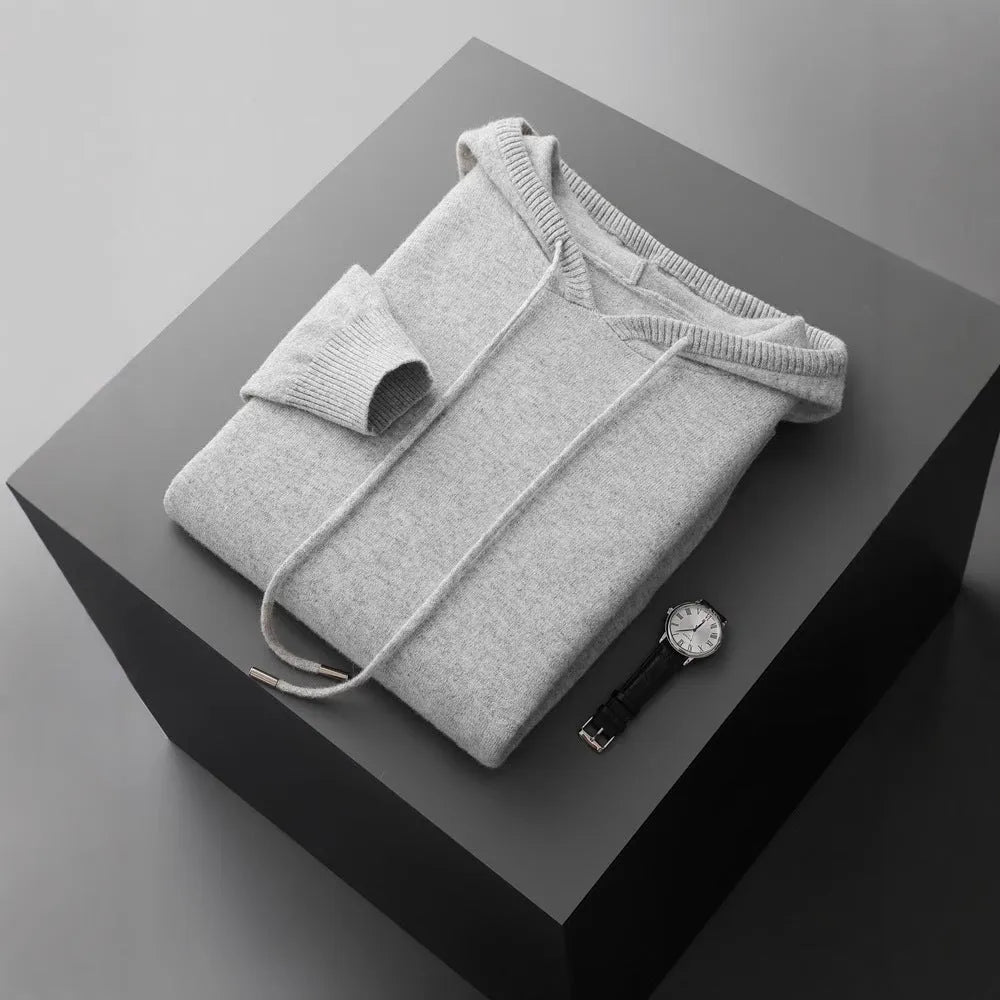 Men's thick knitted hooded sweater in solid colour, loose fit, plus size, winter pullover top