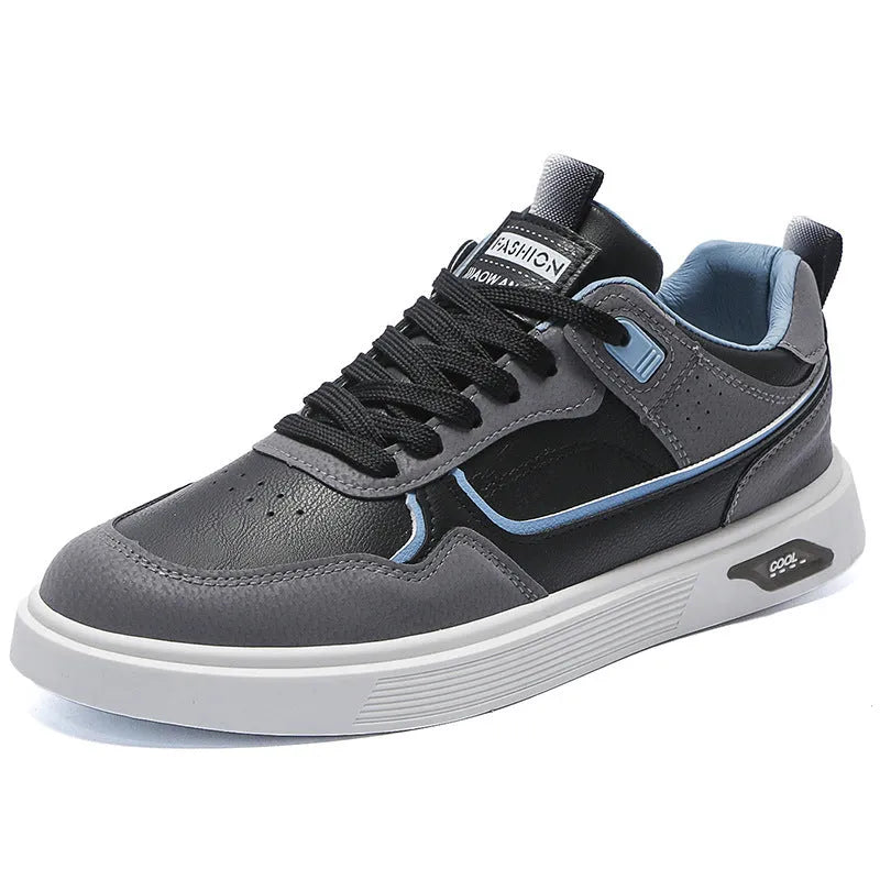 Men's solid-colour canvas board shoes with leather stitching and mesh lining.
