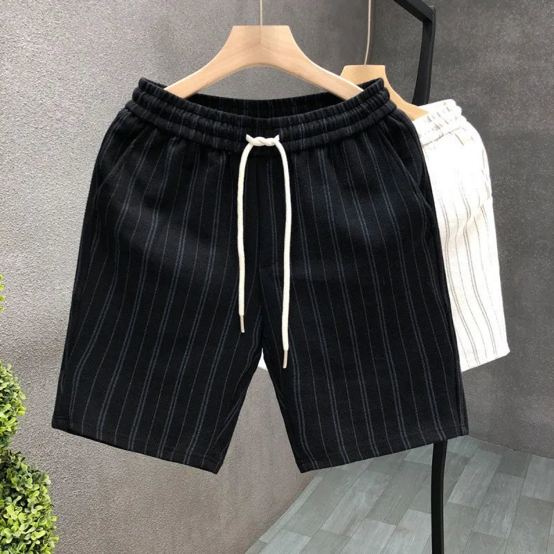 Black and white striped men's fleece-lined casual shorts with an elastic double waistband