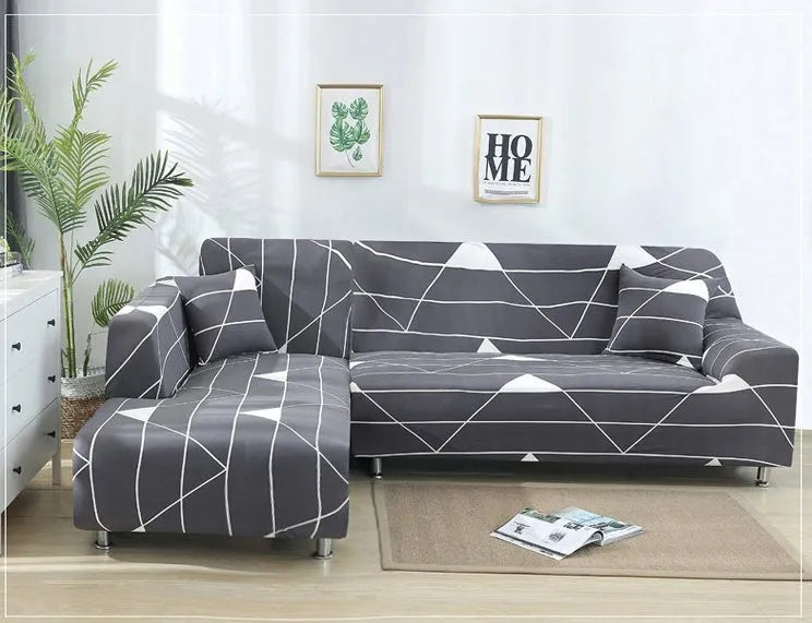L shaped stretch sofa cover with high-density fabric on a beige sectional couch