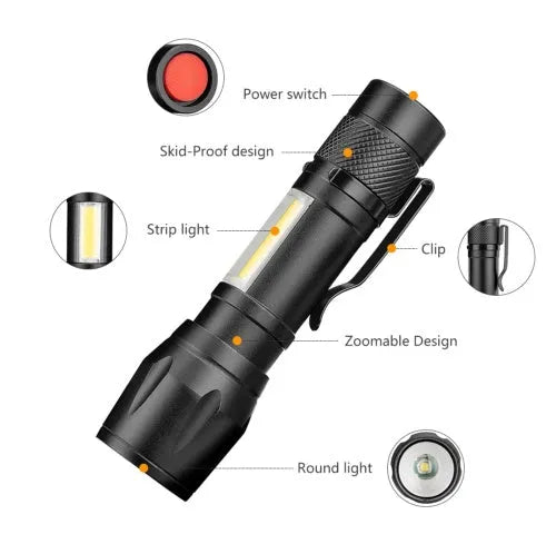 Black mini aluminium alloy telescopic LED torch with clip, shown zoomed in and out.