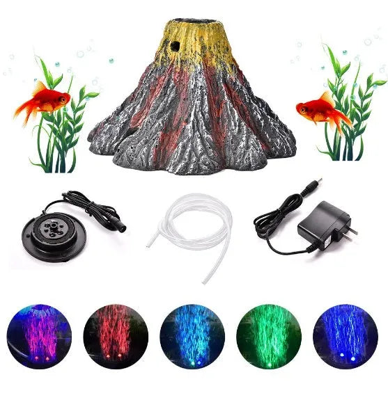 Aquarium volcano ornament with air bubbles and LED light for fish tank decoration in S and L sizes
