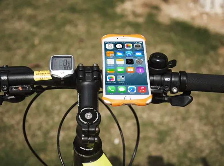 Adjustable silicone bicycle phone holder mounted on handlebar showing three-hole bracket adjustment