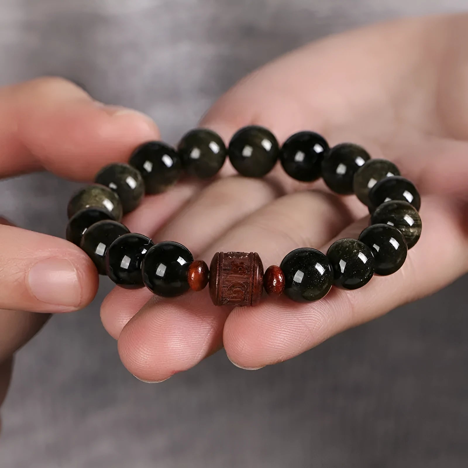 Golden obsidian bracelet with 10mm round beads in hand-woven retro design