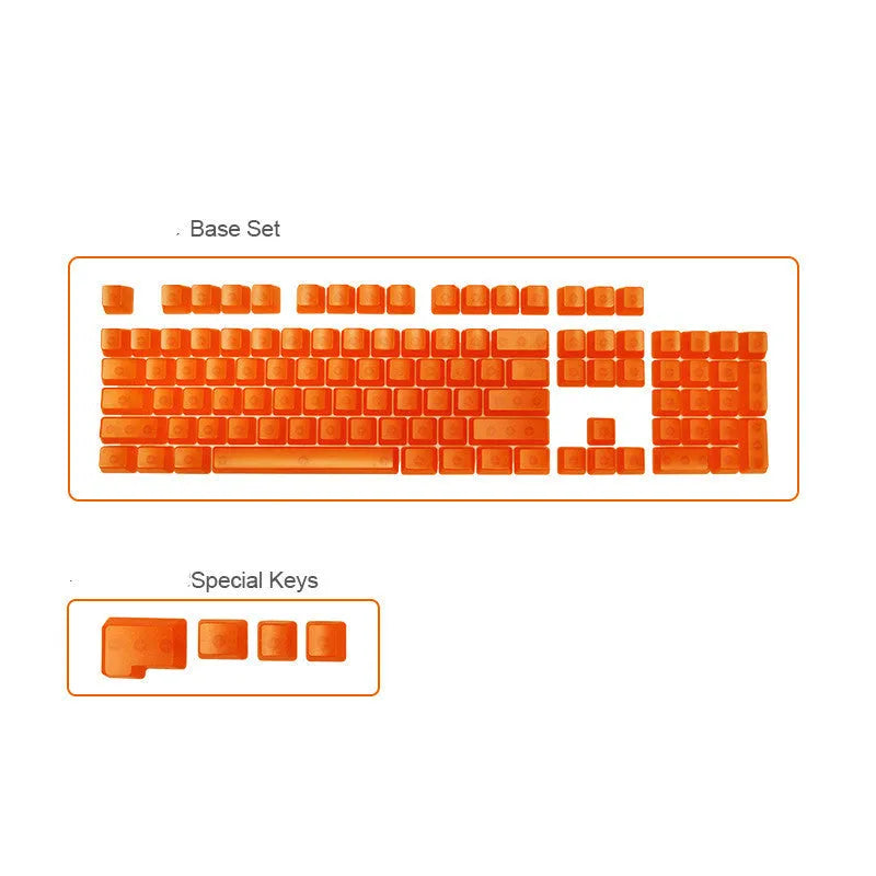 Set of 104 transparent PBT mechanical keyboard keycaps in orange, white, blue, and black colours.